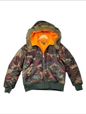 Vintage Y2k Regal Wear Camo Army Puffer Bomber Jacket Faux Fur Hood Womens Sz XL